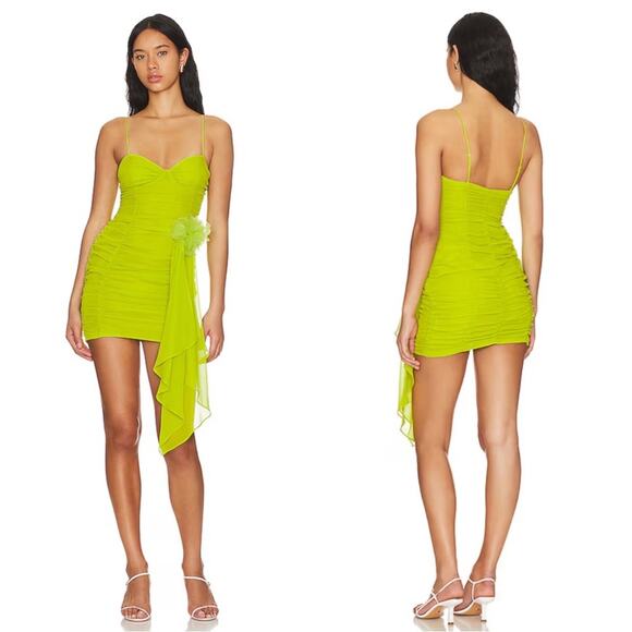 For Love & Lemons Lorlai Ruched Rosette Train Green Mini Dress Size XS - Picture 1 of 9